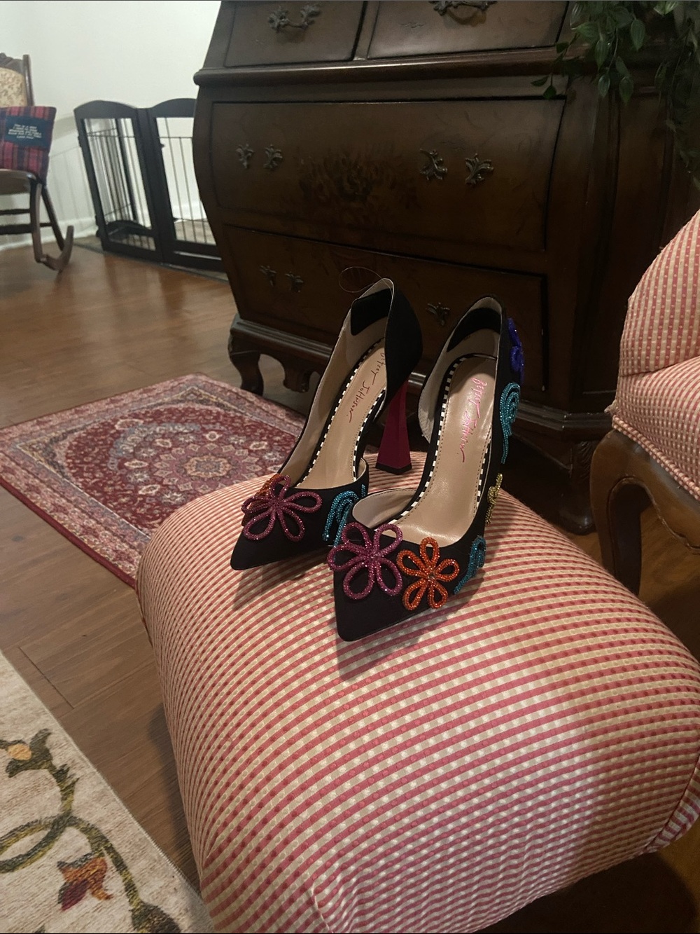 Betsey Johnson Black Pointed-Toe Pumps with Multicolor Beaded Flowers